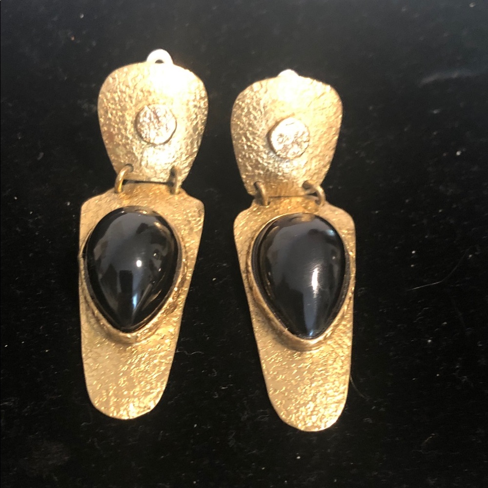 Gold-Tone Drop Earrings with Black Teardrop Stone